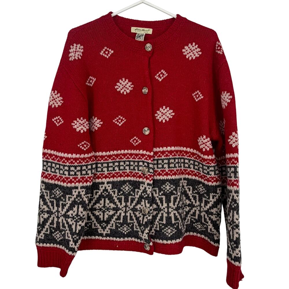 Eddie Bauer Vintage Red Fair Isle Nordic Wool Cardigan Sweater Size XL